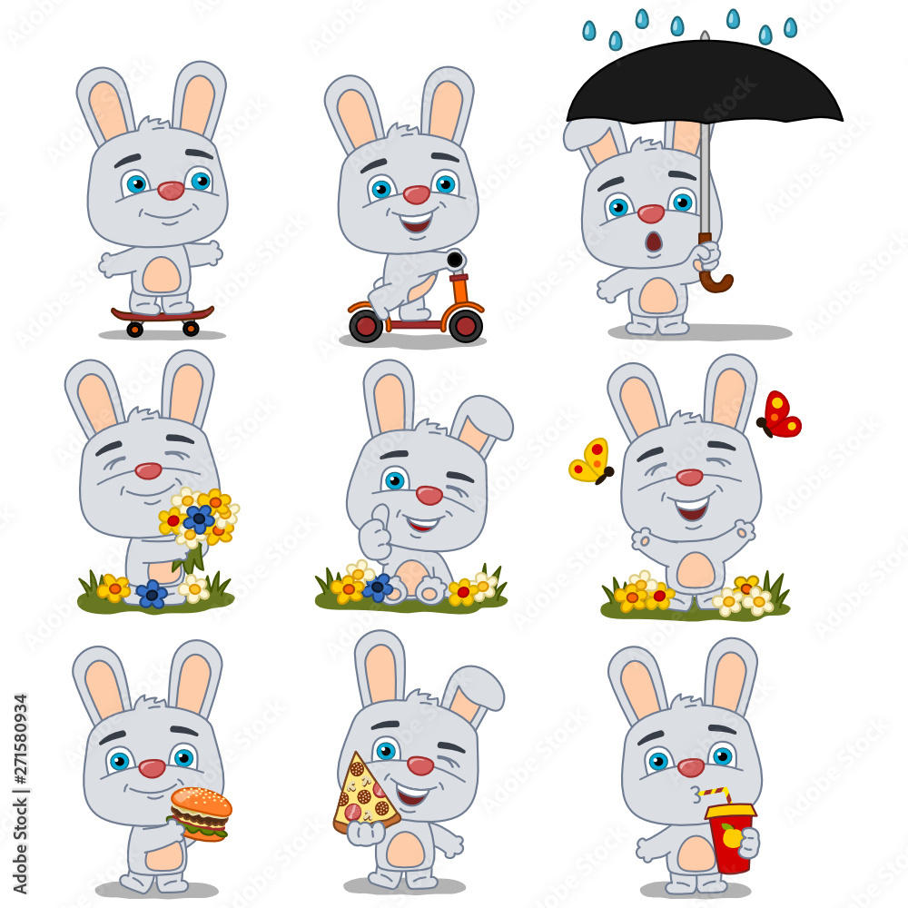 Set of funny little rabbit in different poses on summer meadow, riding and with fast food isolated on white background Set of funny little rabbit in different poses on summer meadow, riding and with fast food isolated on white background