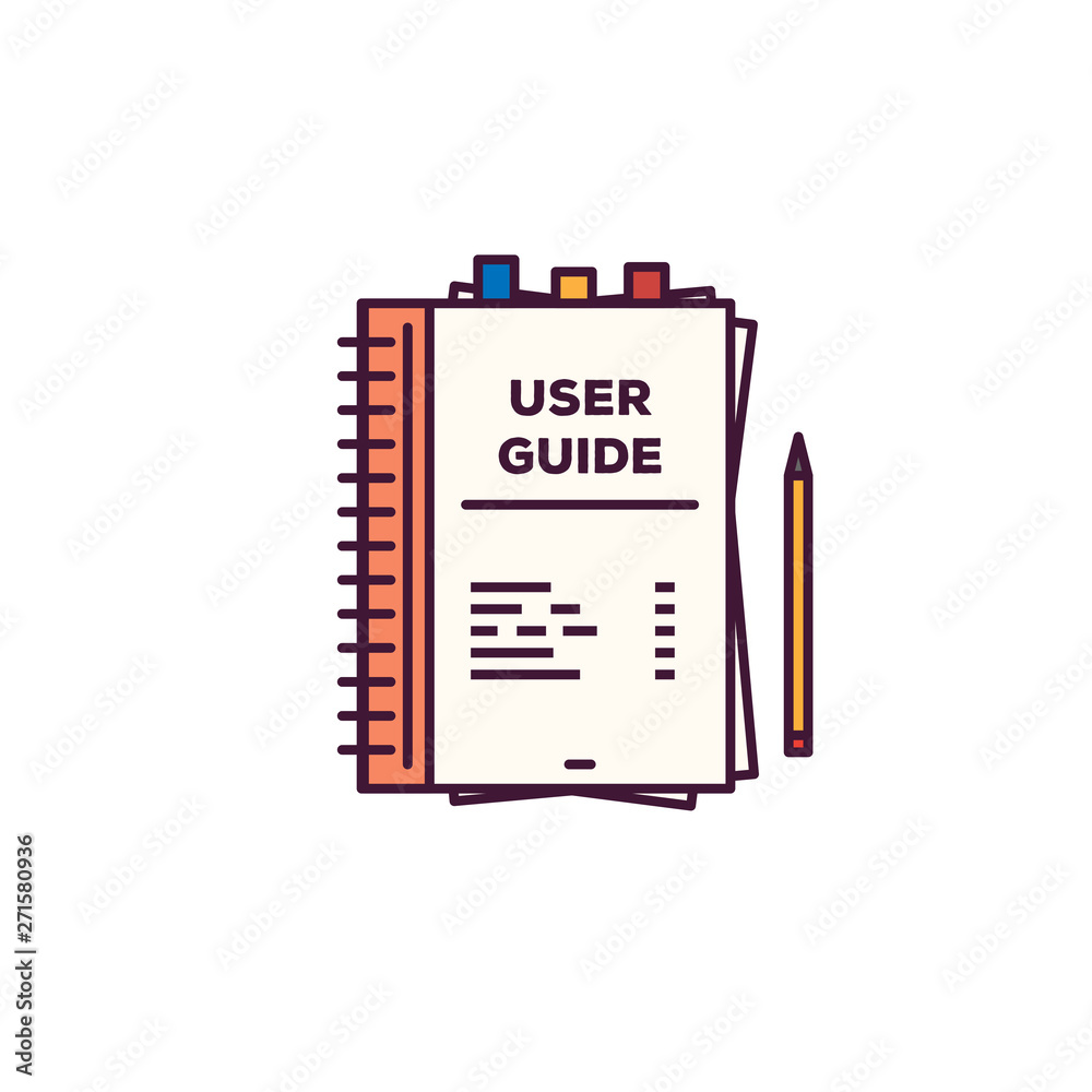User guide book. Handbook with cover and text user guide. Line style