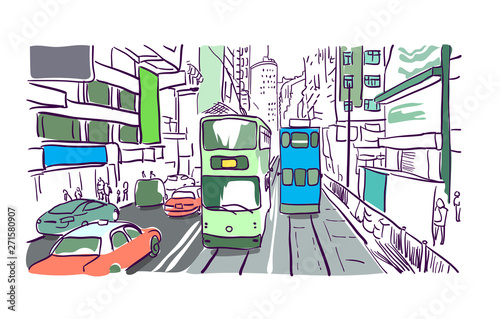 hong kong street vector illustration tram watercolor