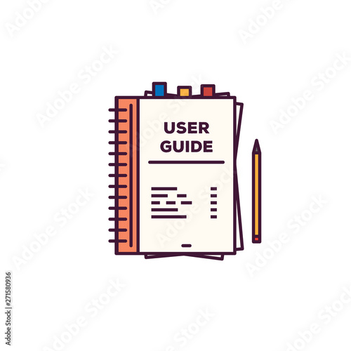 User guide book. Handbook with cover and text user guide. Line style vector. Instructions and guidance manual textbook. Tutorial or other education vector flat style banner.