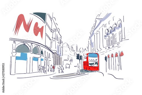 London red bus watercolor illustration street view
