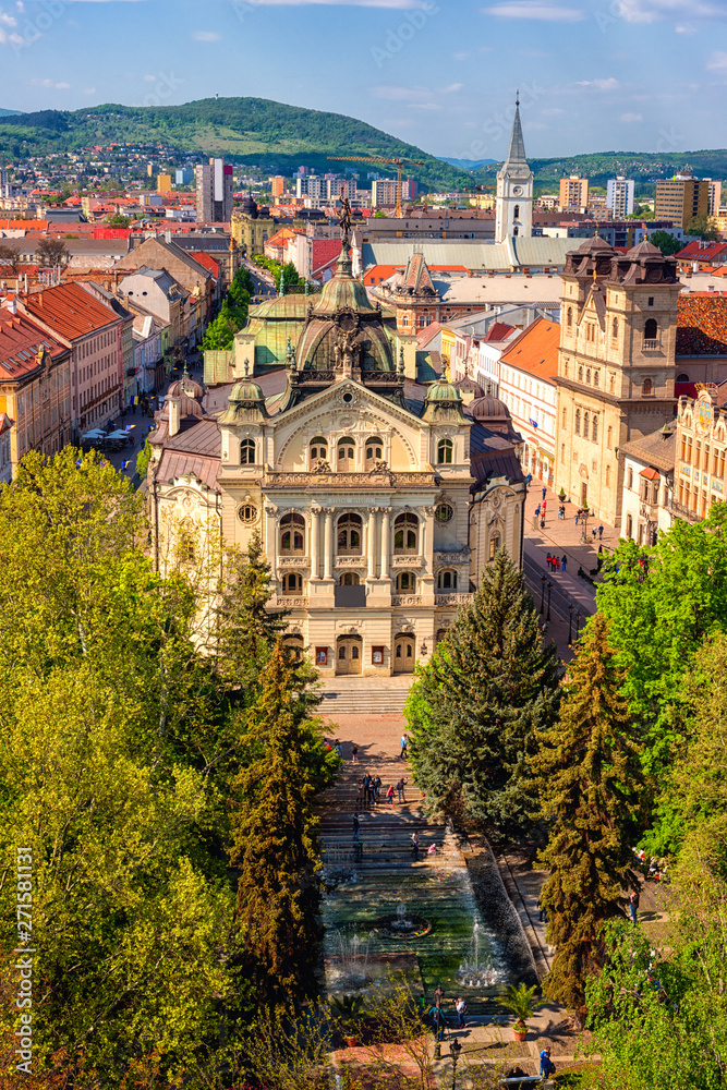 Top view of Main street (Hlavna ulica) of Kosice Old city from St. Elisabeth Cathedral, with State theatre Košice (Statne divadlo) and medieval architecture, Slovakia (Slovensko), vertical image
