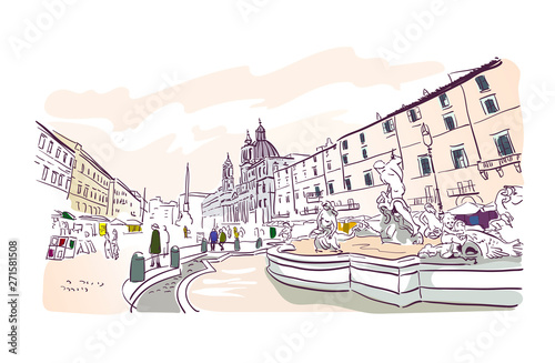 Piazza Navona Rome vector illustration Europe tourism card photo