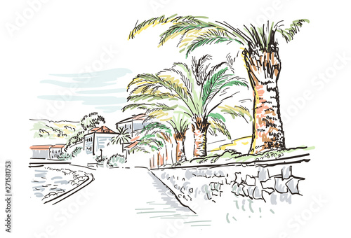vector sketch illustration European city embankment Croatia palm