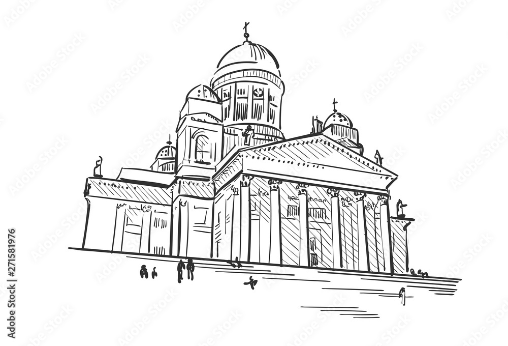 vector sketch illustration European city Helsinki cathedral