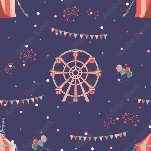 Amusement park seamless pattern with ferris wheel and circus.  