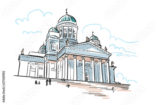vector sketch illustration European city Helsinki cathedral