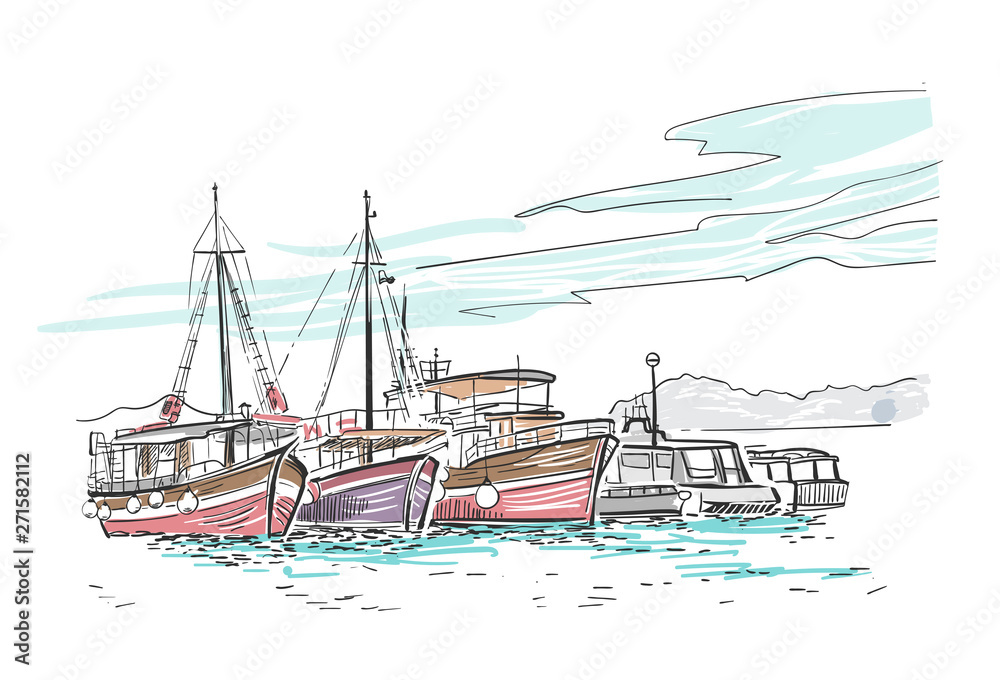 Obraz premium vector sketch illustration European Croatia ships vacation cruise