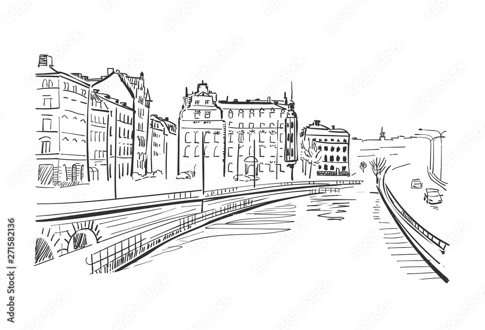 vector sketch illustration European city Stockholm center Sweden