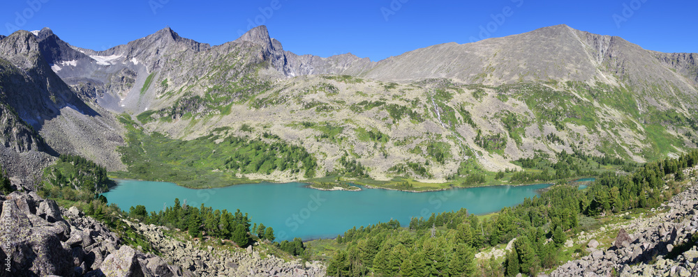 Over the mountain lake, amazing water color. Panoramic view.