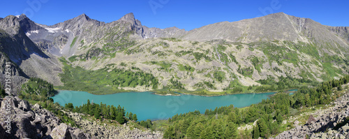 Over the mountain lake, amazing water color. Panoramic view.
