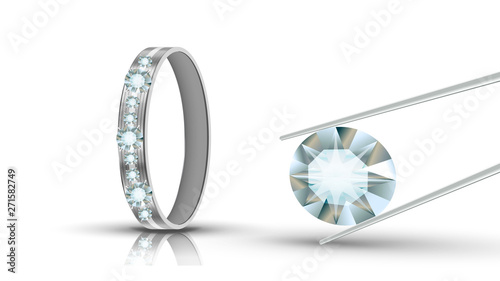 White Gold Ring Decorated Diamonds Round Vector. Jewelery Annulus With Big Round Clean Brilliant Reflection Diamonds In Tweezers. Elegant Rich Bright Gemstone Realistic 3d Illustration
