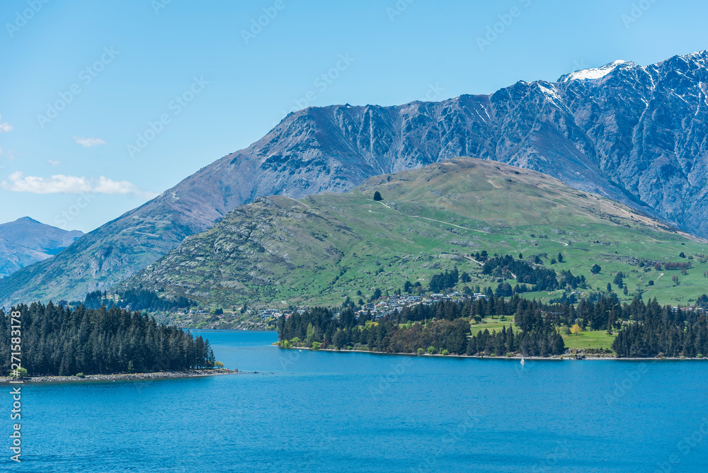 View of the landscape of the lake Wakatipu, Queenstown, New Zealand. Copy space for text. View of the landscape of the lake Wakatipu, Queenstown, New Zealand. Copy space for text.