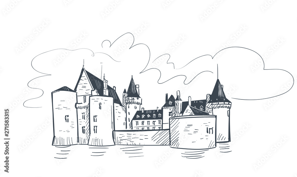 line art isolated france Sully Sur castle vector sketch