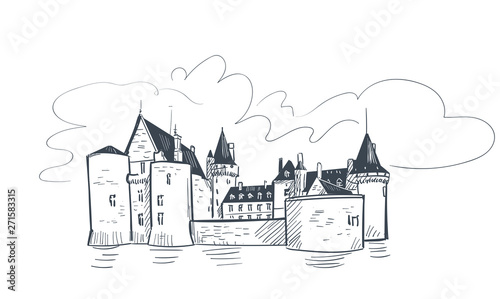 line art isolated france Sully Sur castle vector sketch