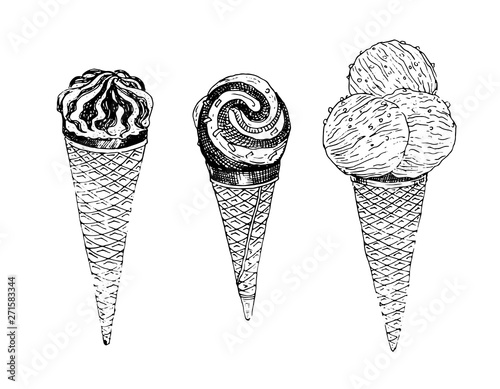 Ice cream in waffle cone. Natural products and healthy lifestyle, delicious products, a set of templates for menu design, restaurants and catering. Hand-drawn images
