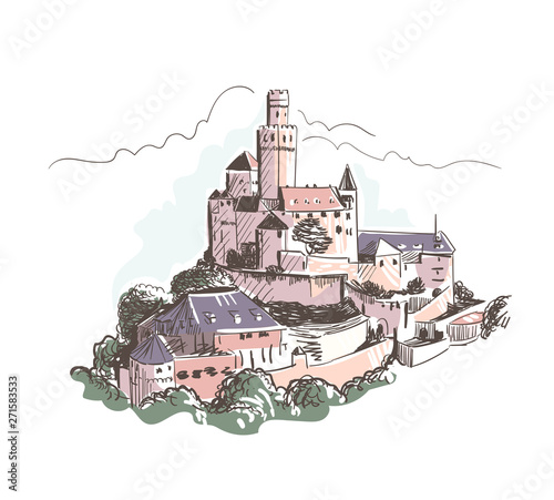 Marksburg castle vector sketch watercolor line art