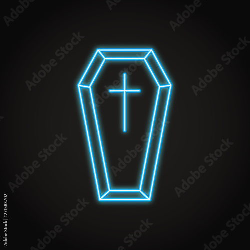 Coffin with cross icon in neon line style
