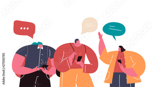 Social Network and Virtual Communication Concept illustration. Group Of Young People Characters Chatting Using Smartphone For Website Or Web Page. Flat cartoon vector illustration.