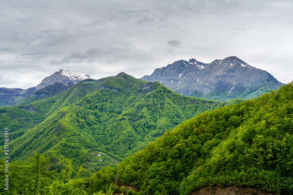 Montenegro, Majestic hilltops covered by snow next to green forest covered mountains near kolasin in springtime