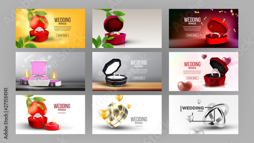Bright Silver Rings In Box Set Landing Page Vector. Assortment Collection Of Design Jewelry Engagement Diamond And Traditional Classic Wedding Annulus Website Or Web Page. Realistic 3d Illustration