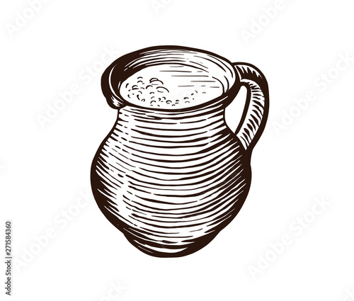 Clay mug of milk. Hand drawn design element. Vintage vector engraving illustration for logotype, poster, web.