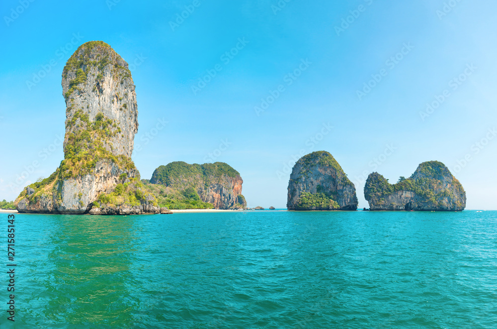 Panorama view of beautiful sea landscape with turquoise water and tropical rock islands 