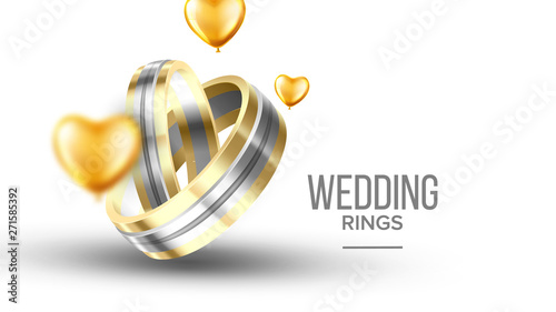Wedding Golden With Platinum Rings Banner Vector. Special Symbolic Of Relationship Rings For Young Newly Couple Engaged Decorated Yellow Helium Balloons. Marriage Accessory Realistic 3d Illustration