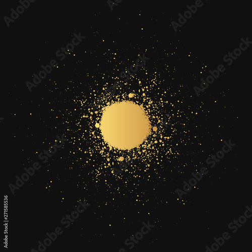 Golden graffiti ink texture. Airbrush banner with gold paint drip. Spray brush background. Dot frame. Vector isolated illustration. 