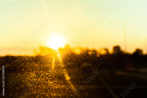 Golden sunshine beam glaring through dirty car windshield.