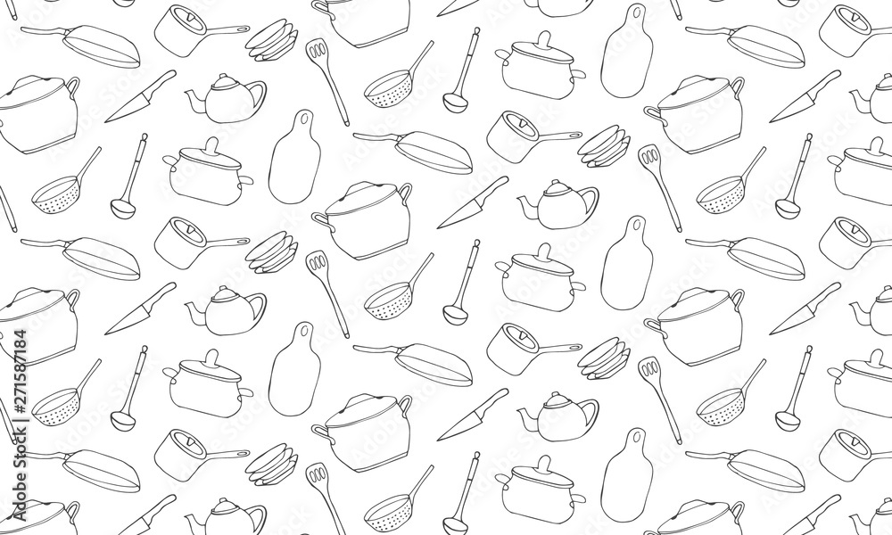 Sketch dishes hand drawn pattern. Kitchen outline background