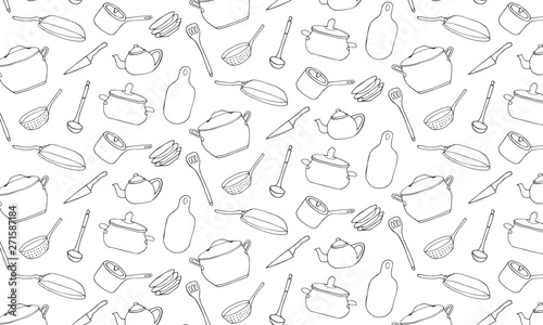 Sketch dishes hand drawn pattern. Kitchen outline background