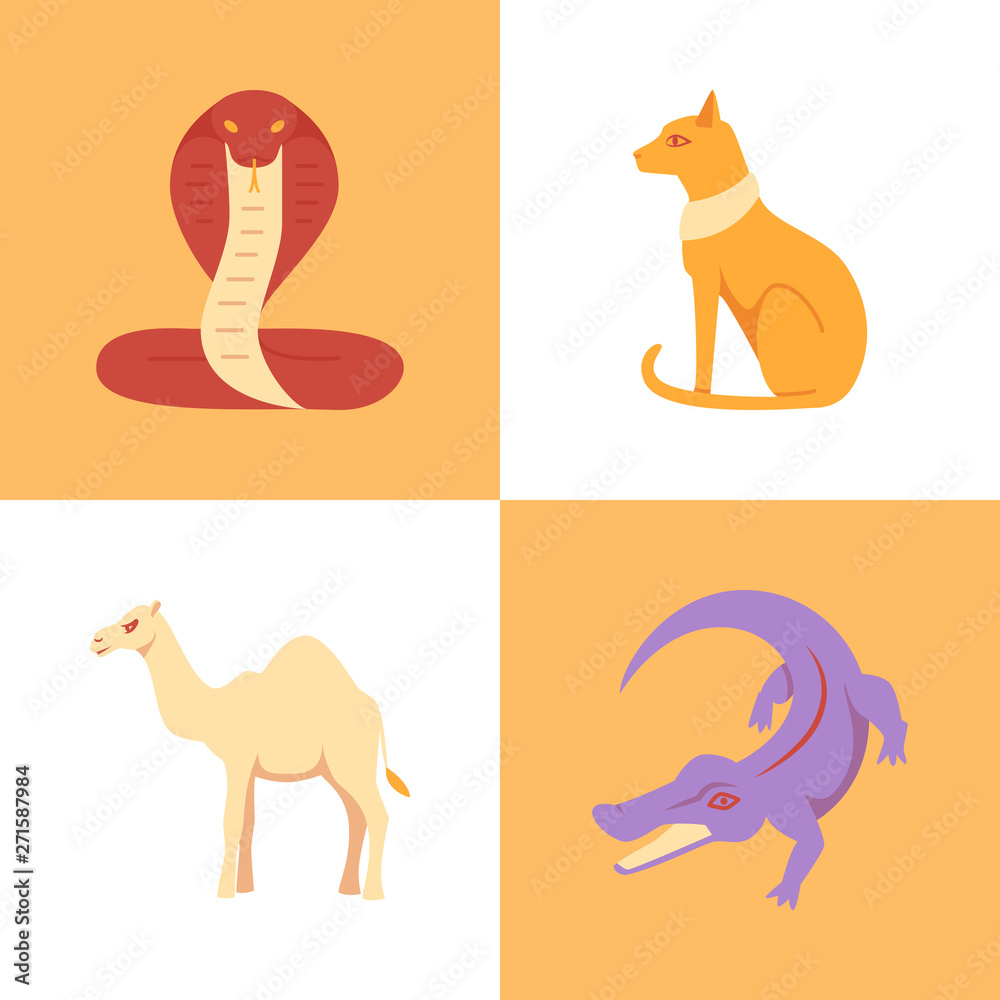 Egypt sacred animal icons set in flat style