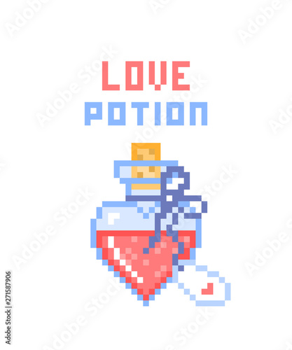 Heart-shaped glass love potion bottle with tag, 8 bit pixel art icon isolated on white background. Magic object. Witches' brew.