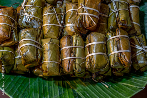 Canvastavla Steamed sticky rice with banana and bean or known as Kao Tom Mad, Thai dessert