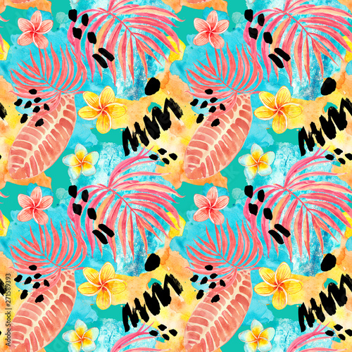 Watercolor tropical leaves seamless pattern. Hand painted palm leaf, exotic plumeria flowers and foliage on bright blue yellow textured background. Summer print.