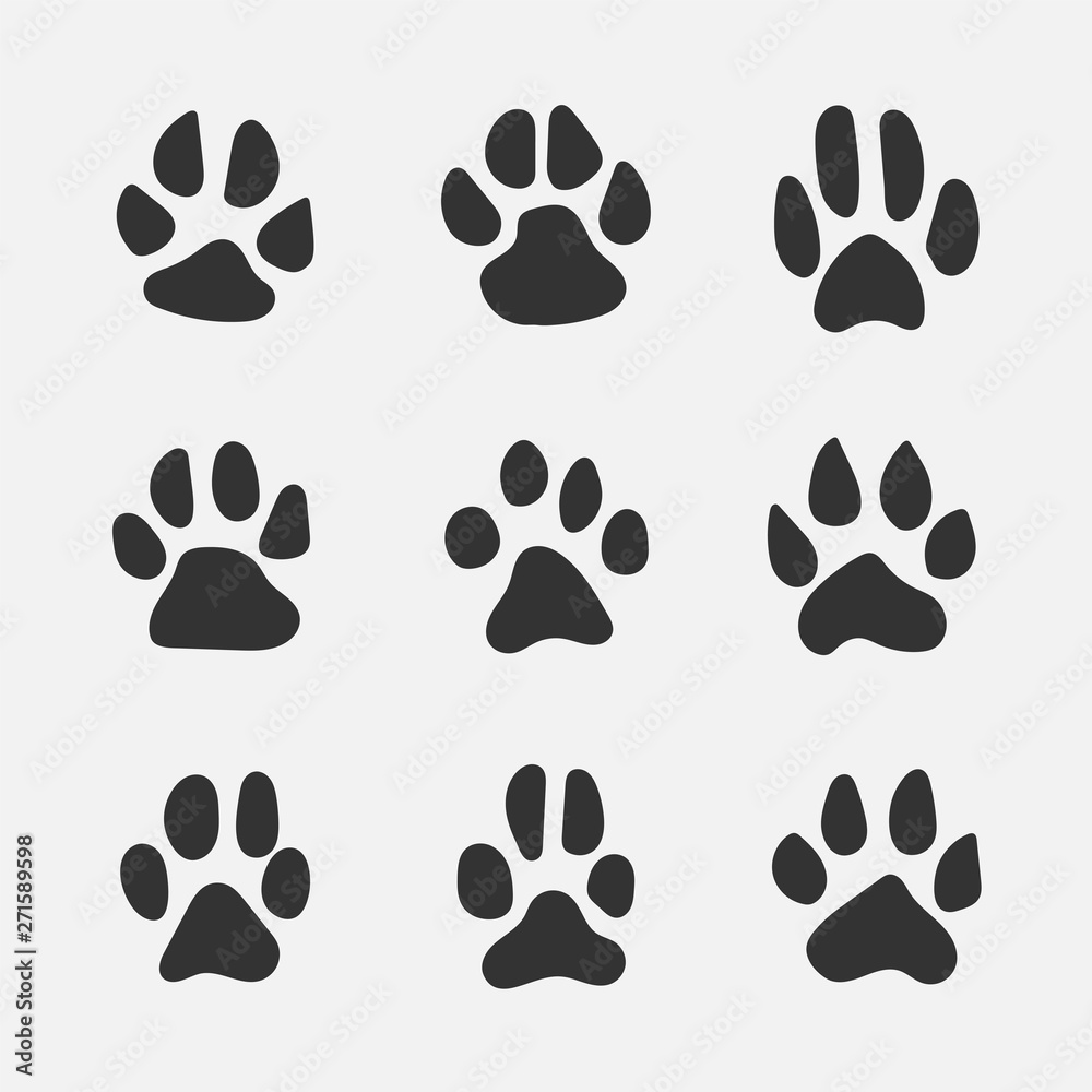 Set of animal footprints isolated on white background. Black footprints icons. Flat style. Vector illustration. Set of animal footprints isolated on white background. Black footprints icons. Flat style. Vector illustration.