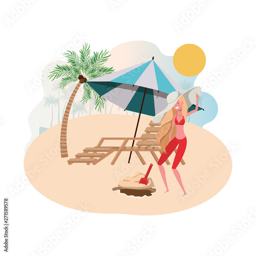 woman on island with swimsuit and beach chair