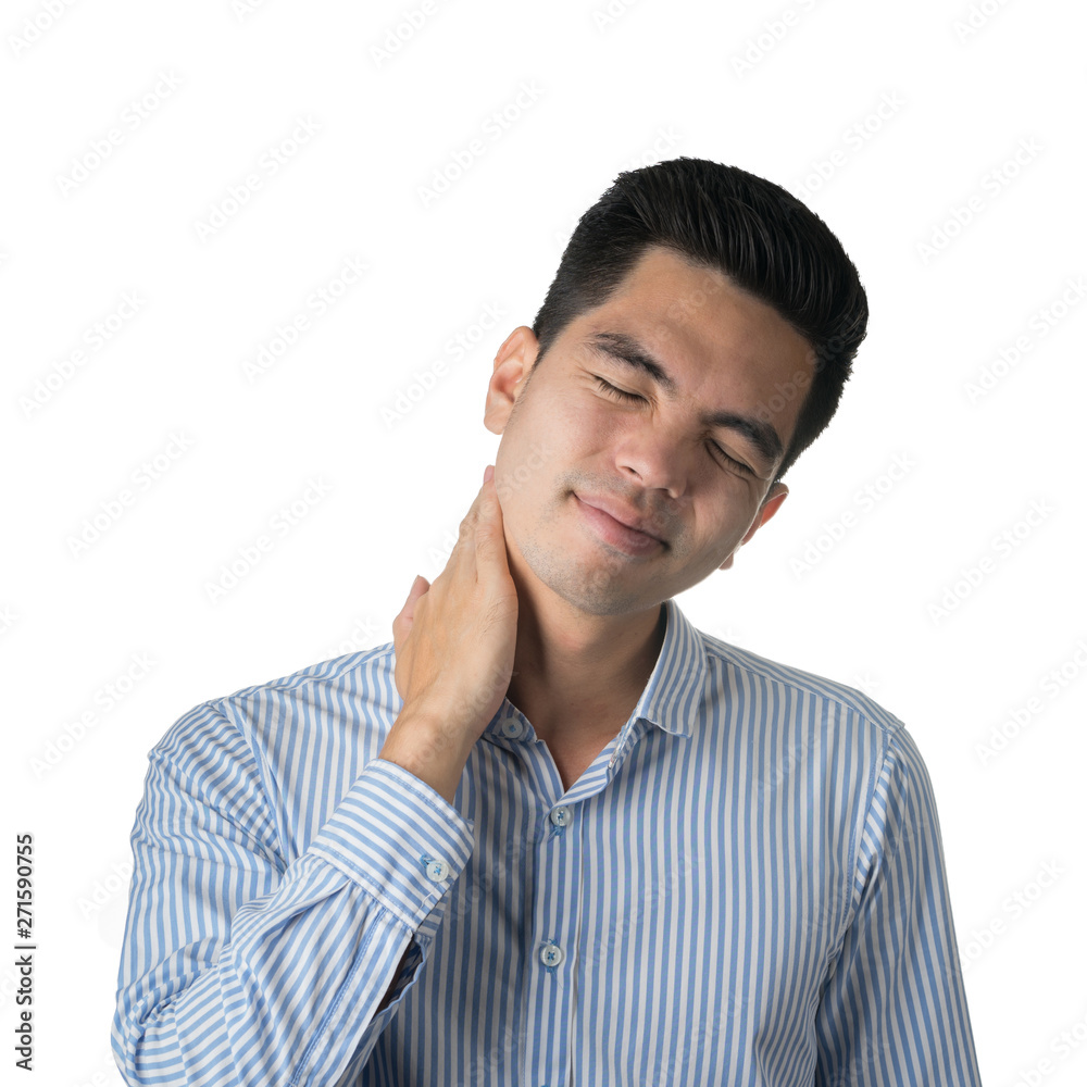 Portrait handsome young asian man wearing a T-shirt neck pain isolated on grey background. Asian man people. Portrait handsome young asian man wearing a T-shirt neck pain isolated on grey background. Asian man people.