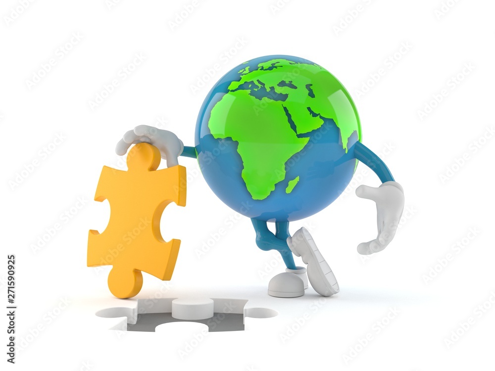World globe character with jigsaw puzzle