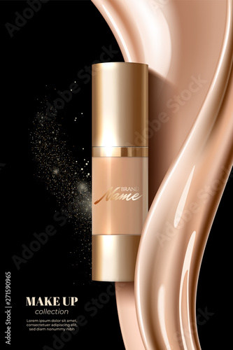 Advertising poster for cosmetic product for catalog, magazine. Design of cosmetic package. Advertising of foundation cream, concealer, base, BB cream. Realistic creamy texture