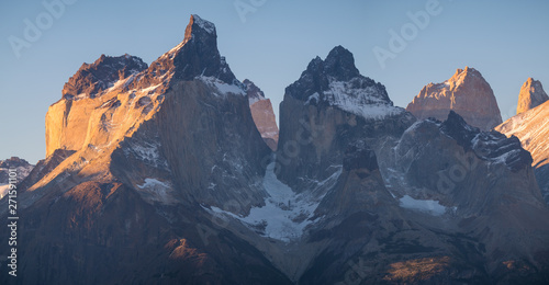 Cuernos Towers of Cordillera Paine in Torres del Paine National Park in Chilean Patagonia at sunset
