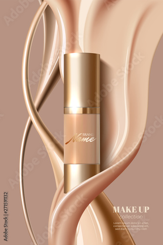 Advertising poster for cosmetic product for catalog, magazine. Design of cosmetic package. Advertising of foundation cream, concealer, base, BB cream. Realistic creamy texture