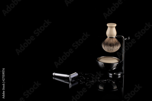 Traditional wet shaving. Shaving brush, safety razor and soap.