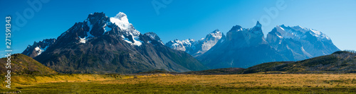 Panorama of the Cordillera Paine during sunny cloudless day. View from the southwest area of Torres del Paine National Park, Chile photo
