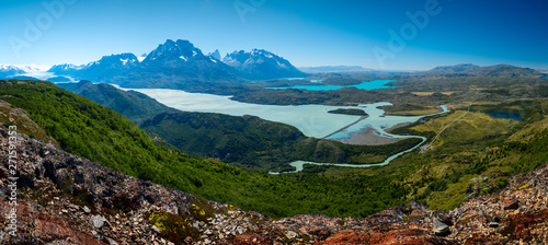 Panorama of the Torres del Paine National Park from the southwestern side of the park (near the Grey glacier). Chile