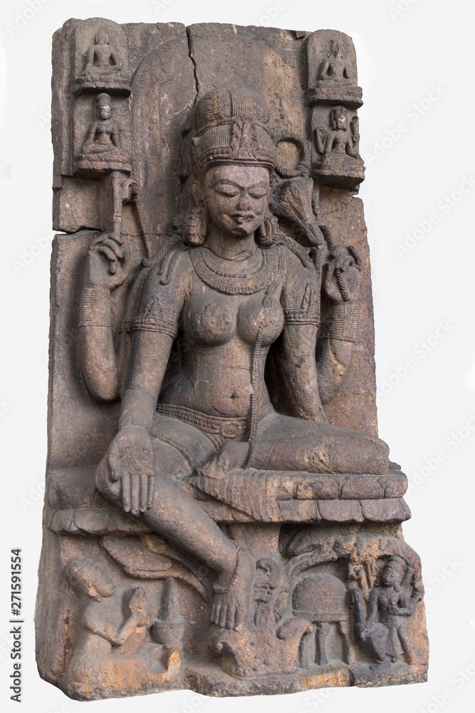 Archaeological sculpture of Seated Tara, made of Khondalite rock. Circa tenth century of the Common Era, Lalitagiri, Odisha, India