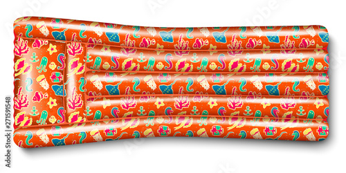 Inflatable rubber mattress orange with a pattern of marine life. For a beach holiday, relaxation, sunbathing on the water. In the style of realistic. Isolated on white background Vector.