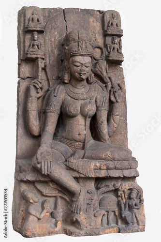 Archaeological sculpture of Seated Tara  made of Khondalite rock. Circa tenth century of the Common Era  Lalitagiri  Odisha  India