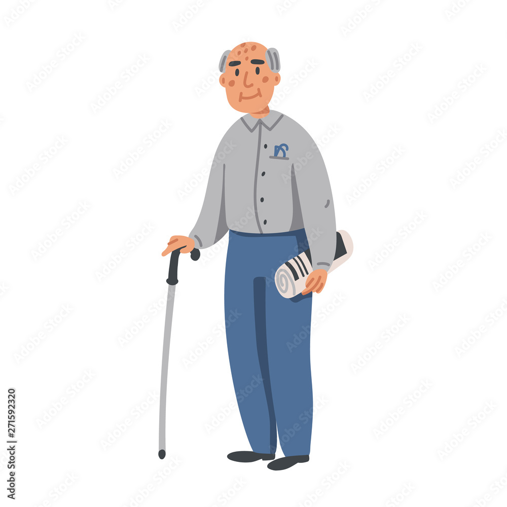 Elderly man. Old man character with walking stick and newspaper on white background. Nursing home. Senior man flat Vector illustration. Elderly man. Old man character with walking stick and newspaper on white background. Nursing home. Senior man flat Vector illustration.